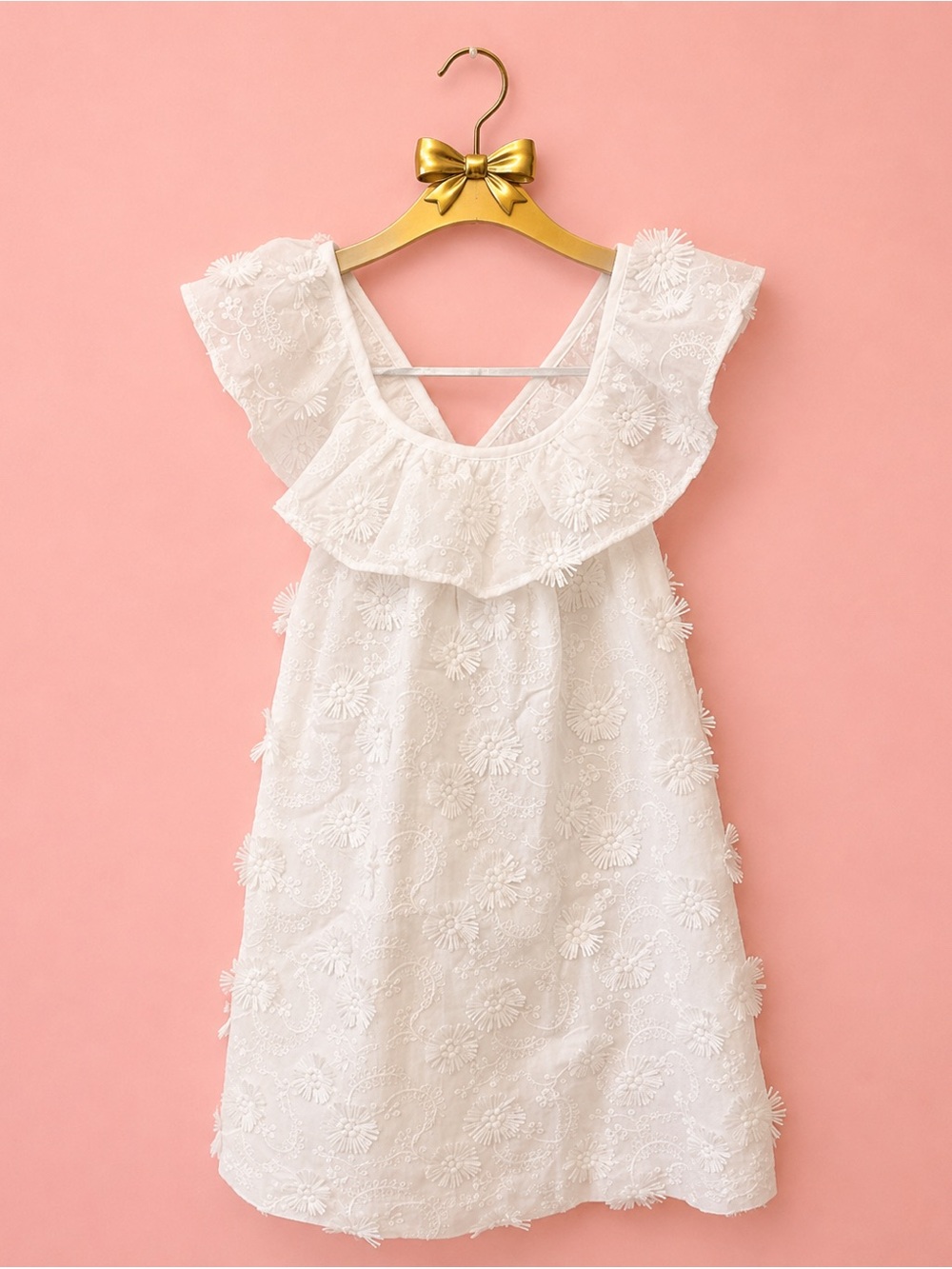 Zara White 3D Floral Lace Ruffle-Shoulder Dress for Girls